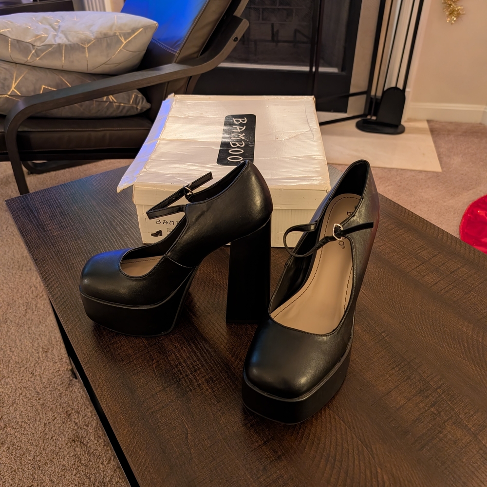 BAMBOO Black PU Leather Platform Crane Mary Jane Chunky Block High Heels Pumps